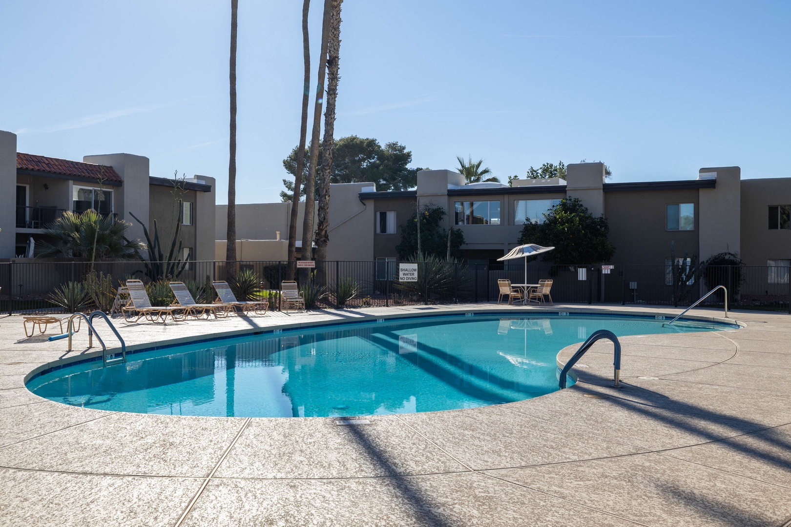 Dive into crystal-clear waters surrounded by palm trees and modern architecture in this peaceful poolside oasis.