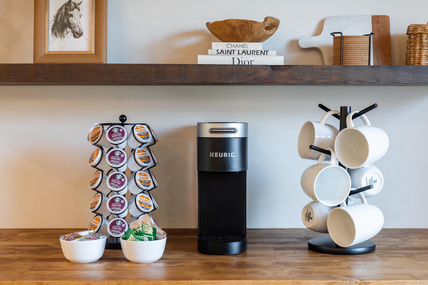 Stocked Keurig coffee bar — vacation mornings sorted