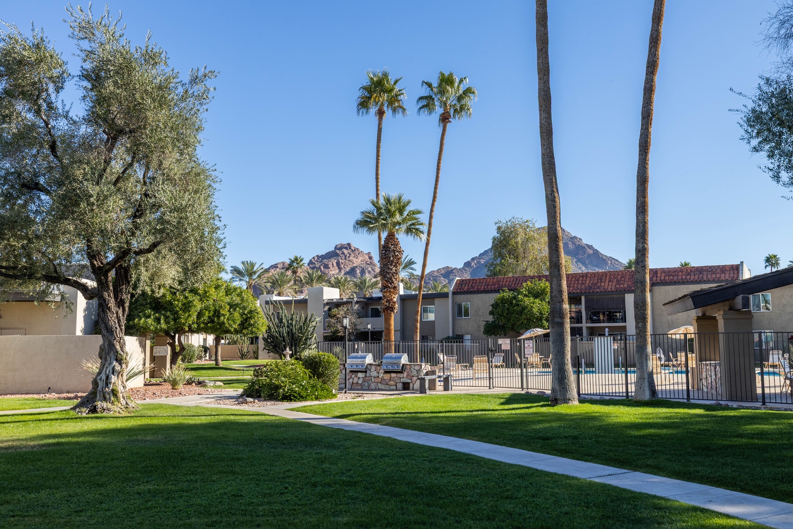 The Villa Green Condo Community has ample walking paths, with manicured lawns, towering palm trees, and mountain backdrops.