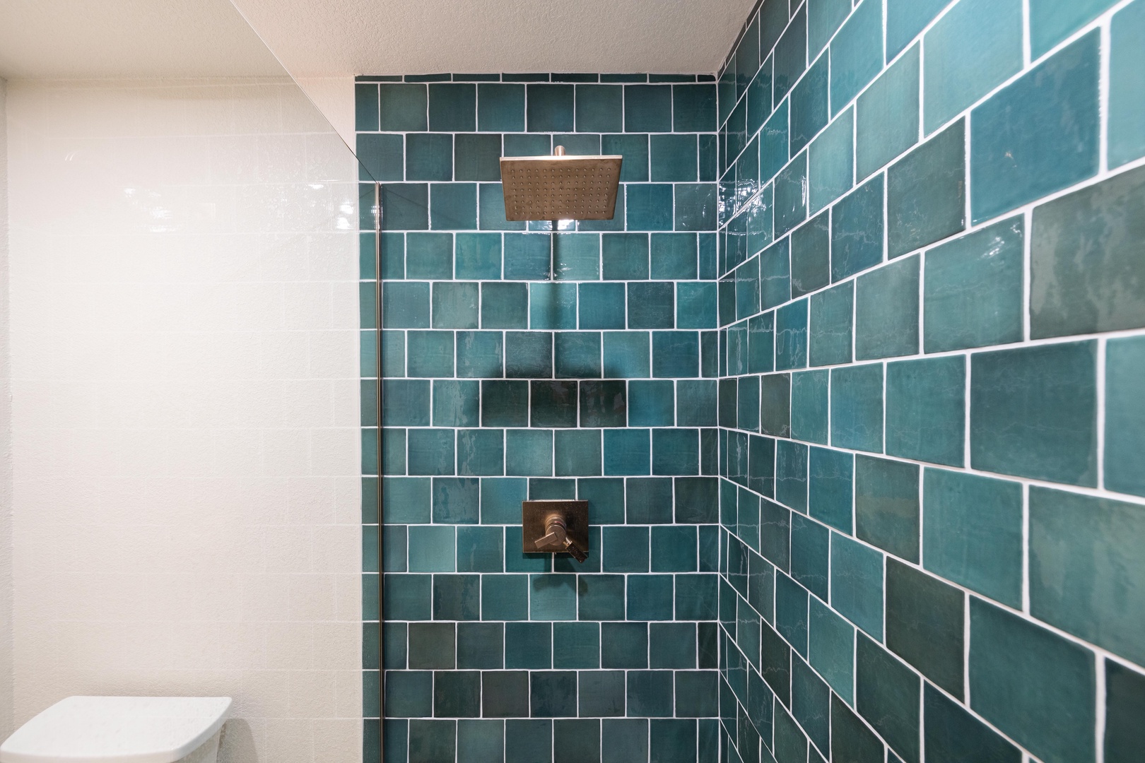 Stunning teal zellige tile & rainfall shower — your daily spa moment