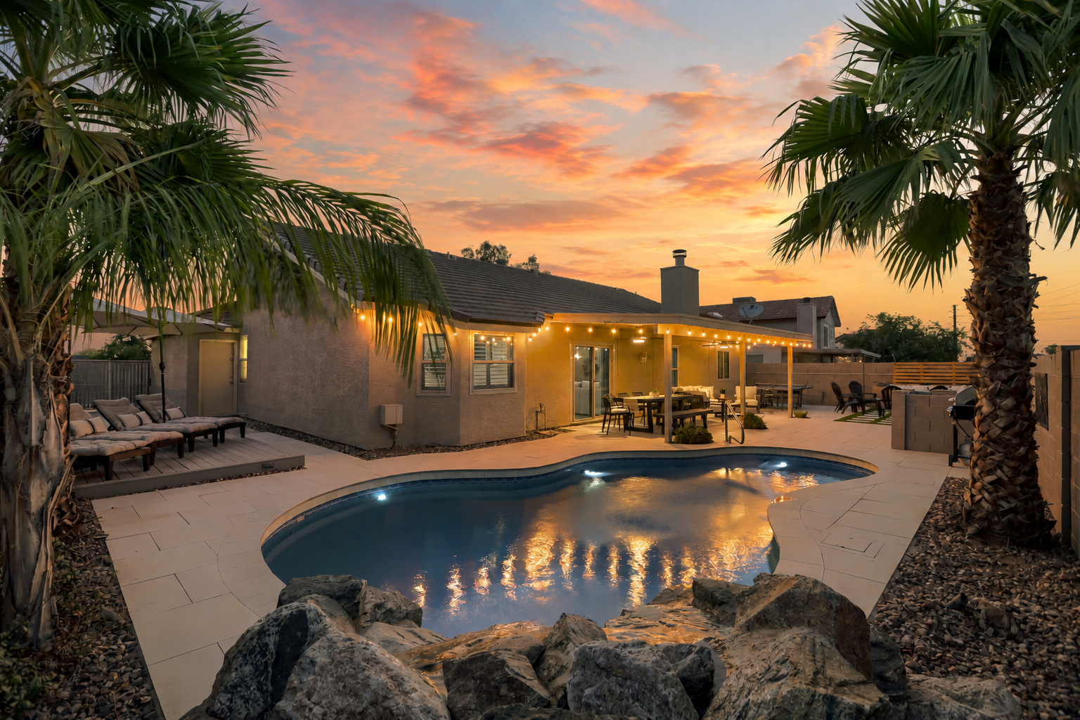 A stunning desert oasis at sunset