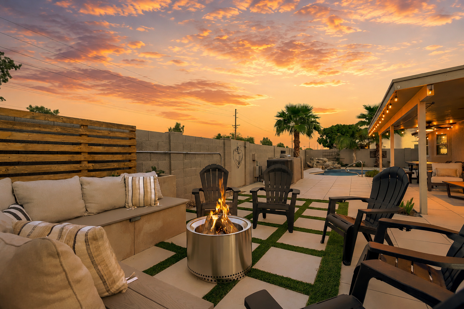 Cozy seating surrounds a fire pit, with a covered patio