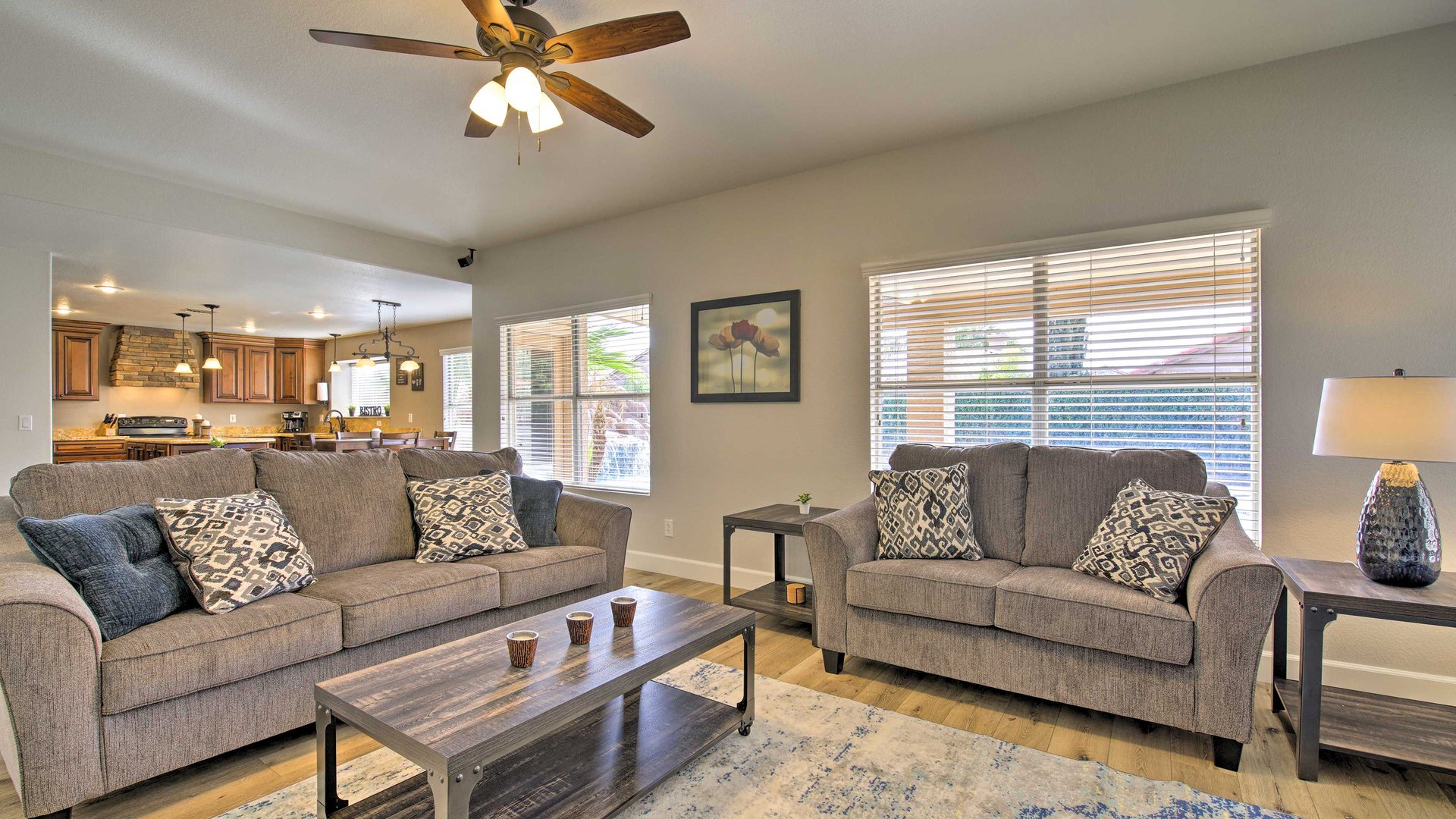 Relax in your spacious living area with plush sofas with a queen sleeper sofa for the extra guest