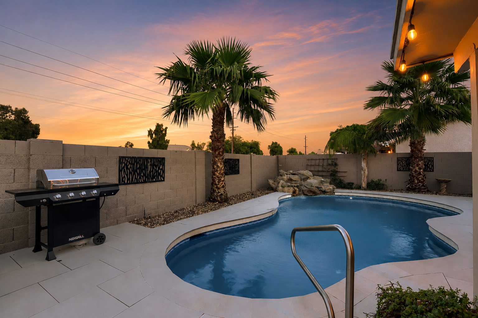 Night sky w handle bar to safely enter into the heated pool