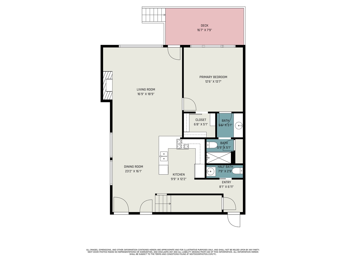 Detailed floor plan shows spacious layout with bedroom, living areas, kitchen, and private deck for your stay planning.