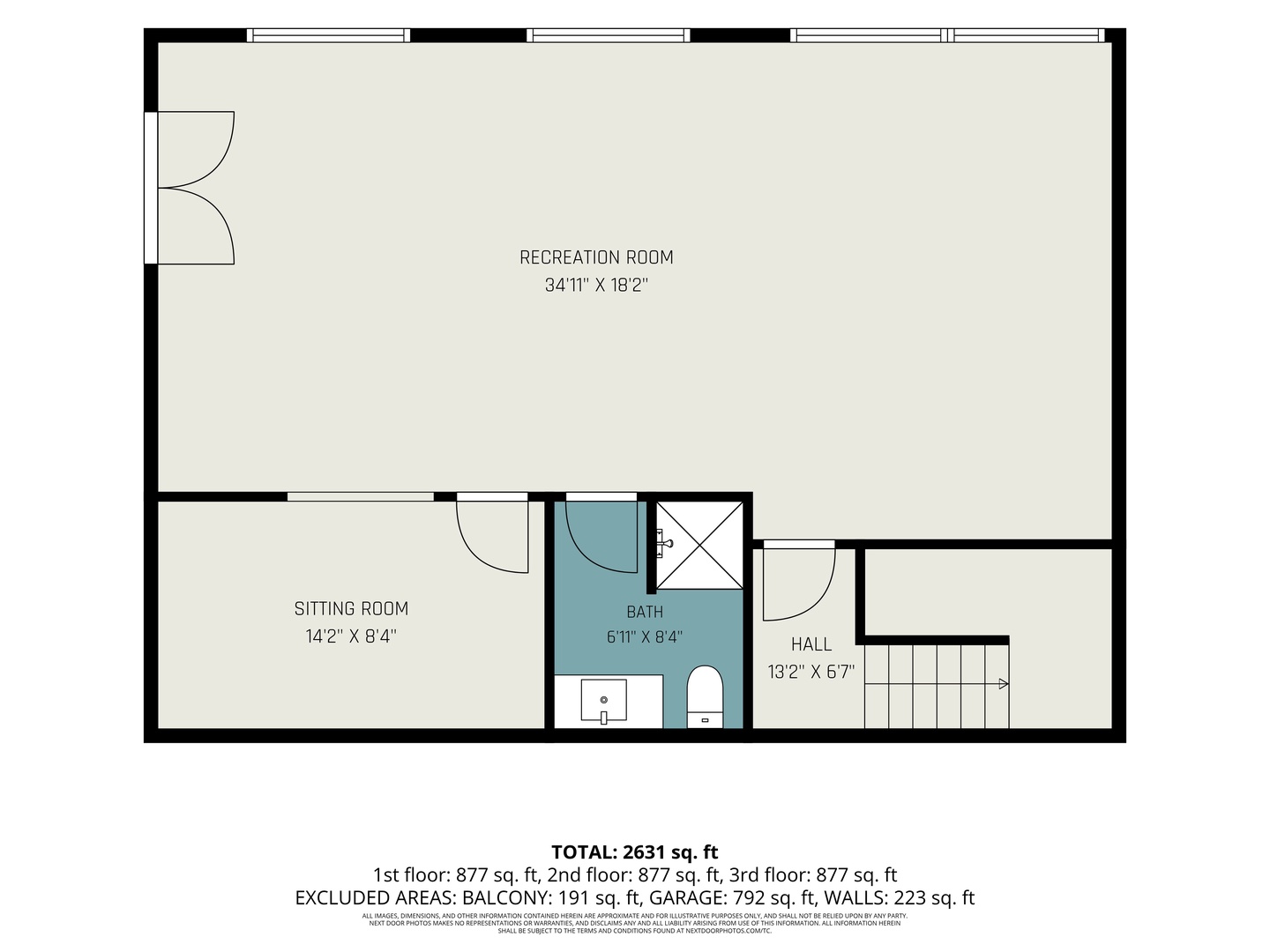 A detailed floor plan of the lower level with spacious recreation room, cozy sitting areas, bathroom with shower, and connecting hallway with staircase access.