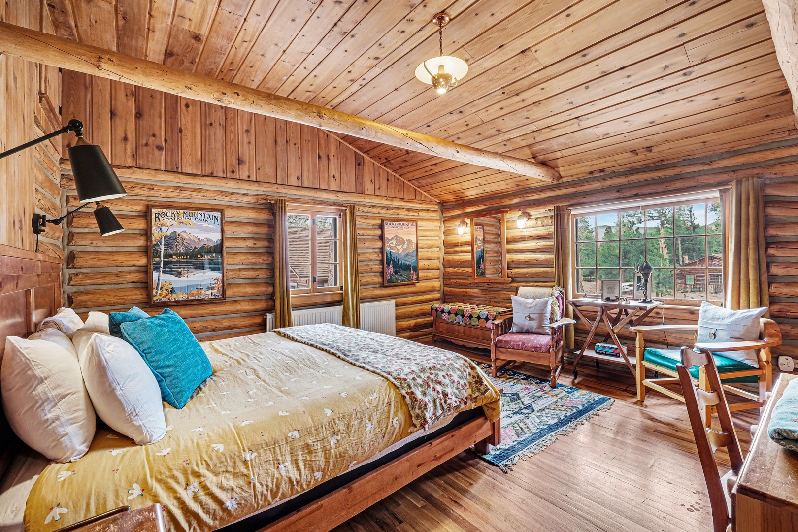 Unwind in your rustic log cabin bedroom with cozy wood beams, vintage touches, and peaceful forest views beyond charming windows.