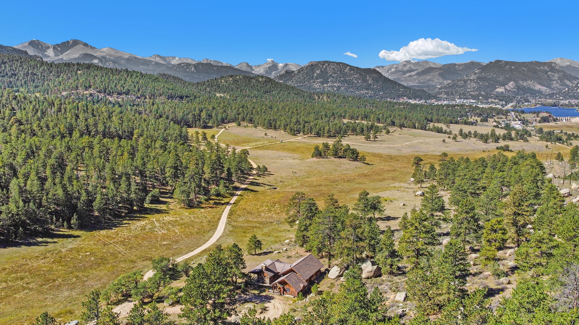 Aerial view of the property. Lake Estes in the back ground