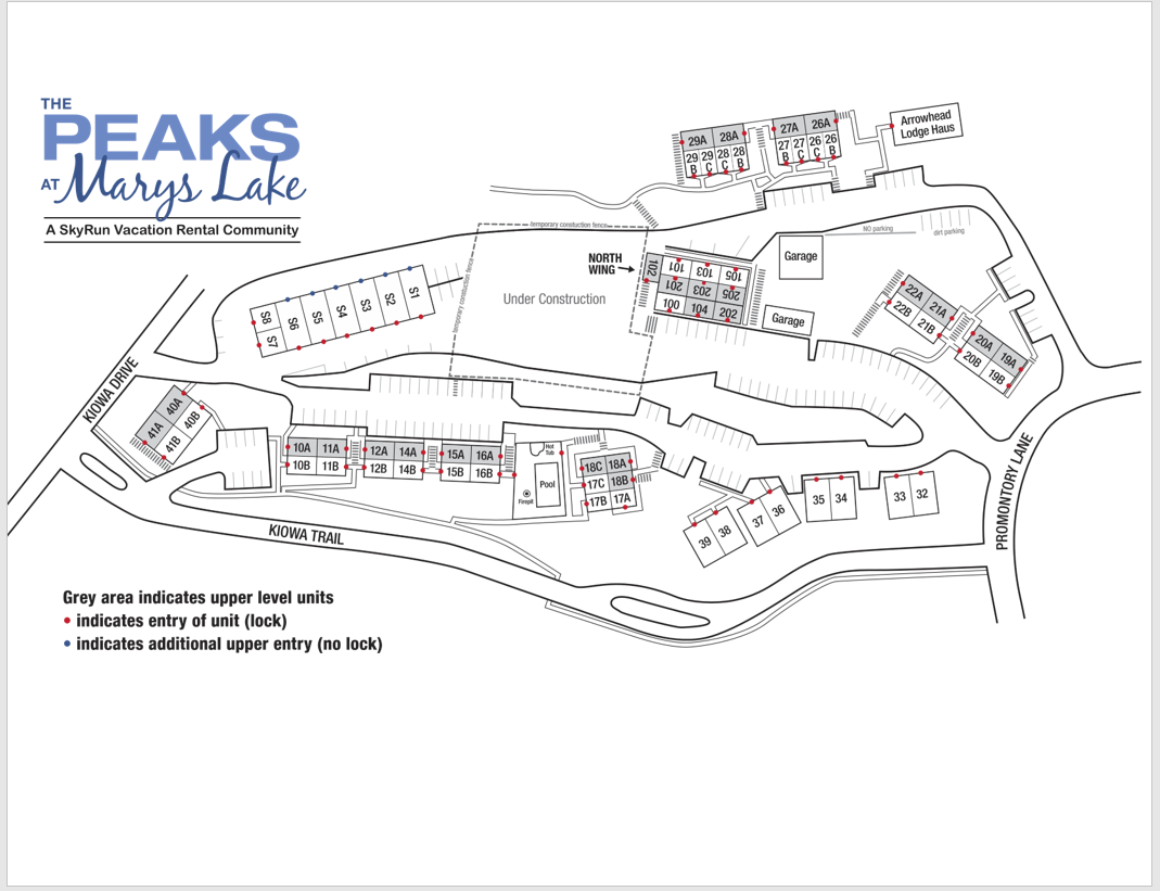 This map guides you through The Peaks at Marys Lake, showing how units are organized across streets like Kiowa Trail and Arapaho Drive, helping you navigate the community upon arrival.