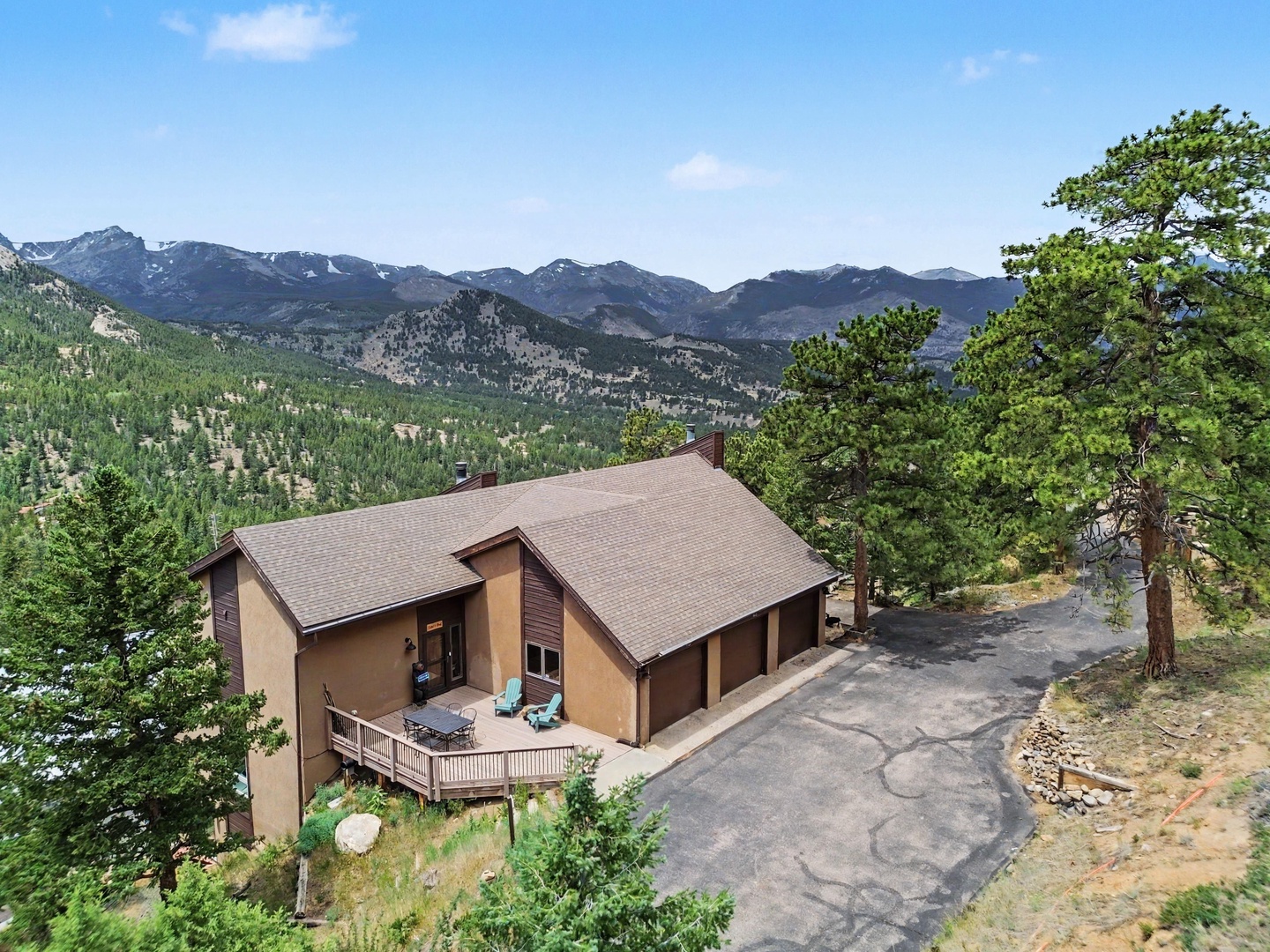 Aerial view of Trail's End, which stands level with the western Continental Divide, offering panoramic vistas that capture Otis, Hallet, Flattop, Stone, Trail Ridge Road, and the Mummy Range of Rocky Mountain National Park.