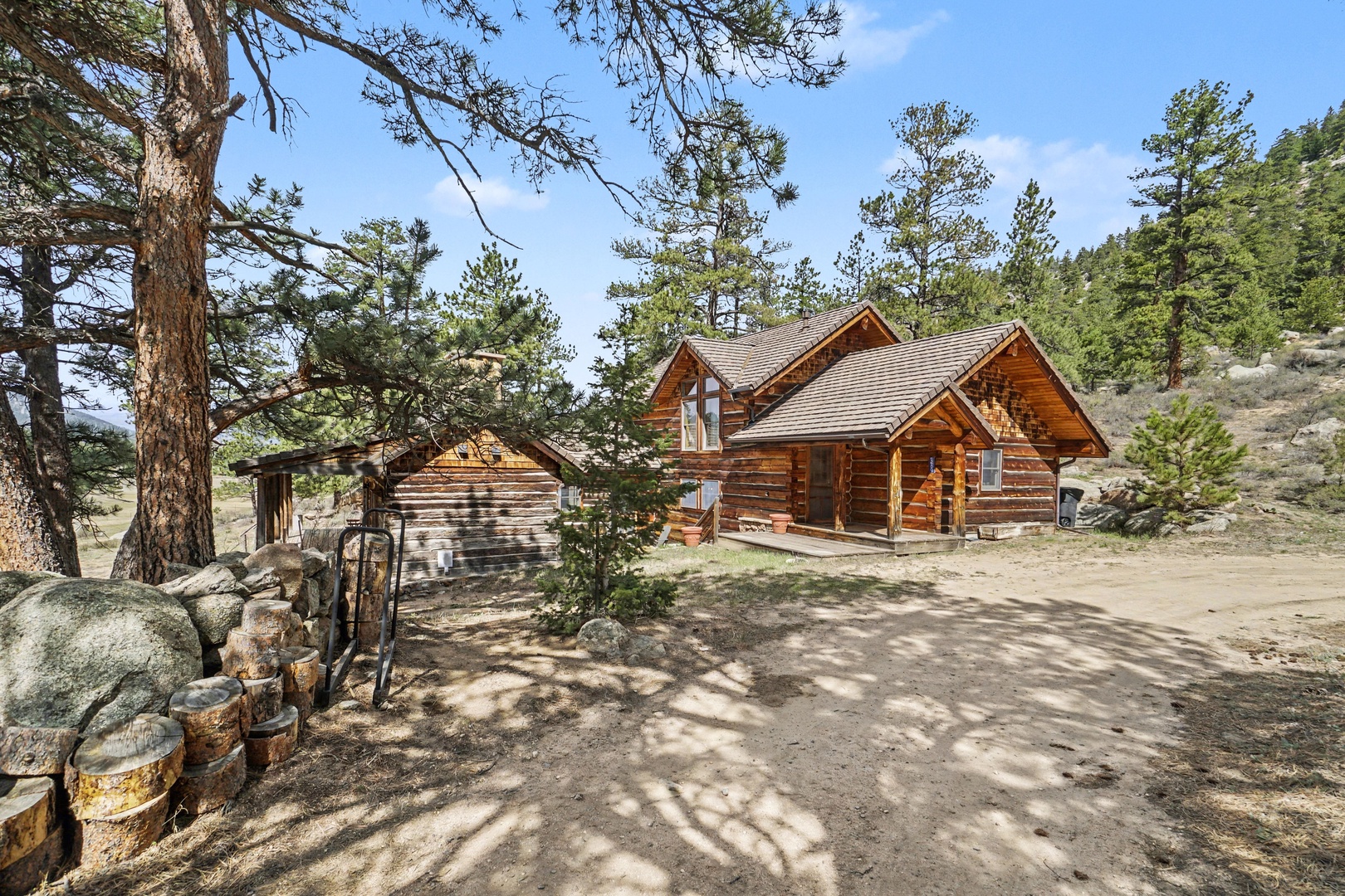 Rustic log cabin retreat nestled among towering pines in a peaceful mountain setting with natural stone accents and authentic wilderness charm.
