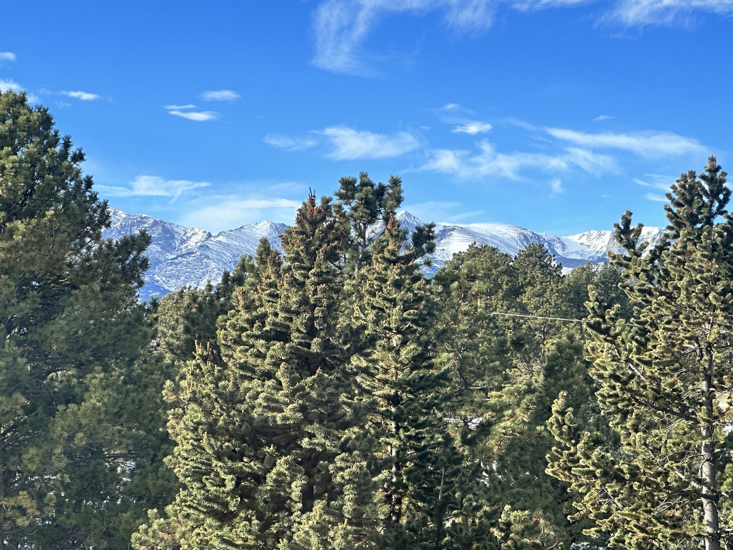 Stunning snow-capped mountain peaks rise beyond evergreen forests, creating a dramatic alpine backdrop for the surrounding area.