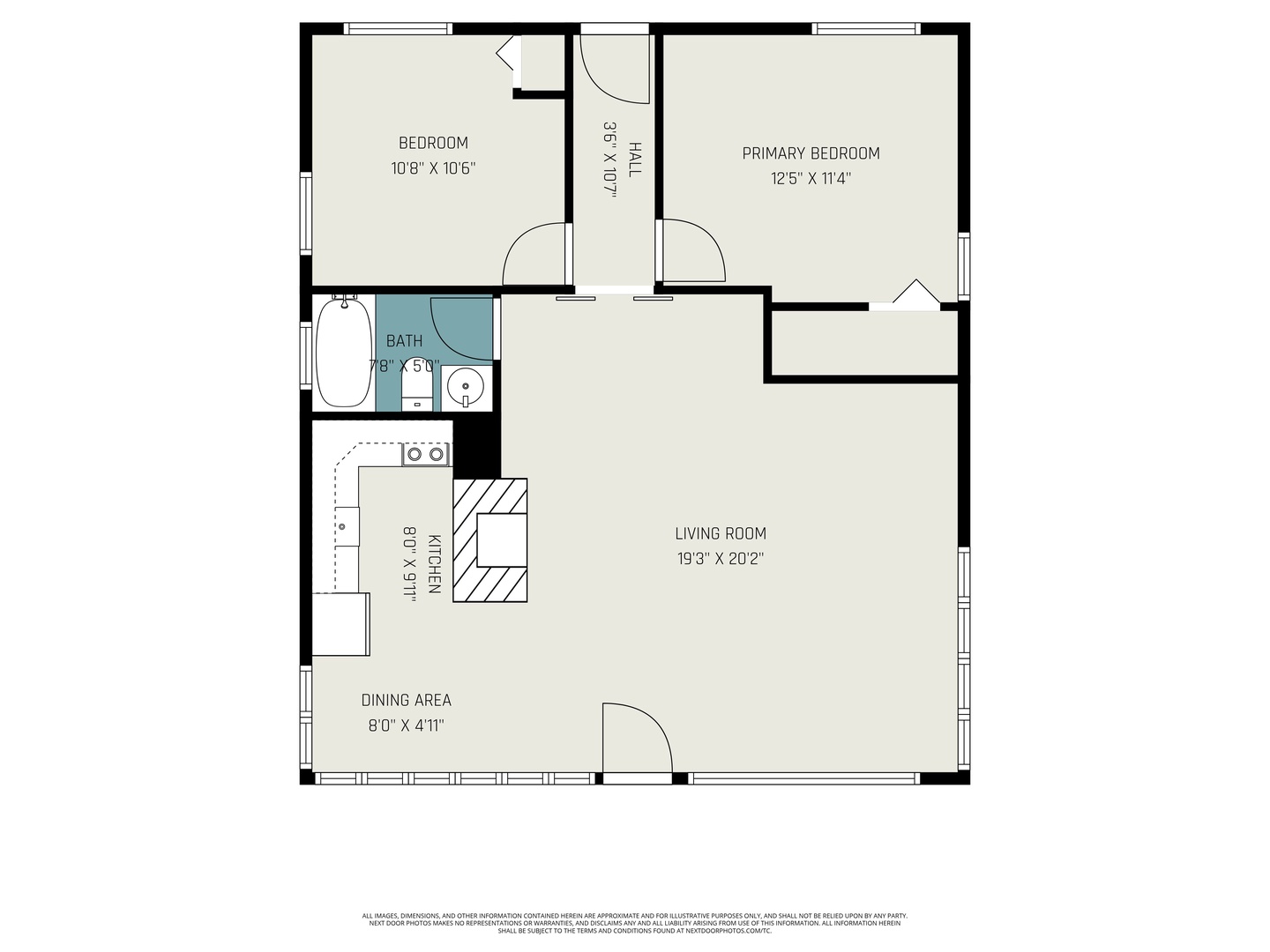 Floor plan showing a two-bedroom layout with open living and dining spaces, full kitchen, and bathroom. Dimensions and room labels clearly marked for easy reference.