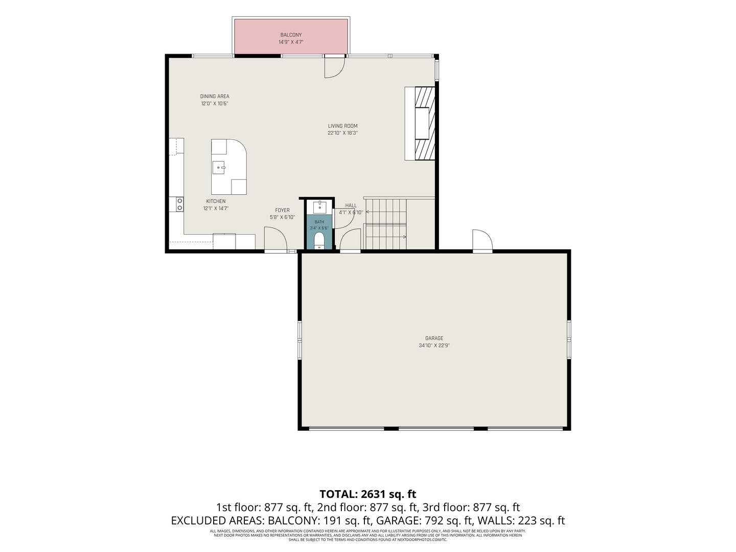 The entry level floor plan shows your spacious living area with kitchen, dining space, and living room. You'll also find a balcony, powder room, and attached garage as well as stairs to bedrooms.