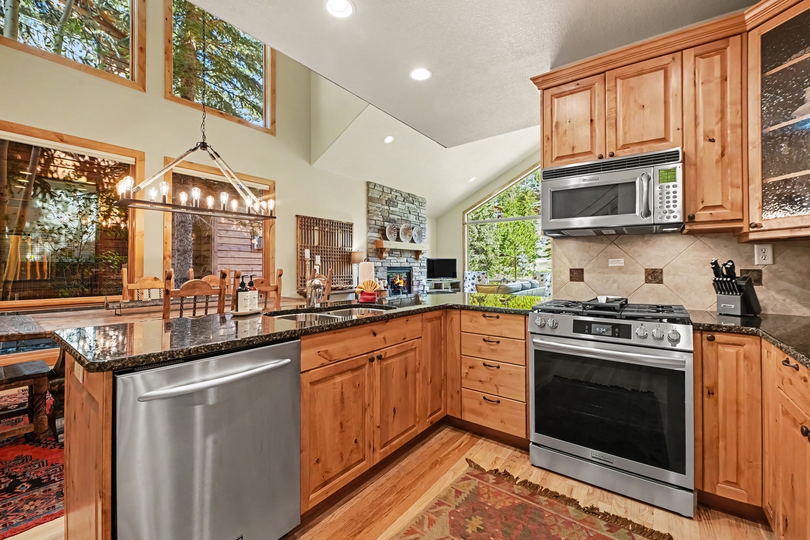 Granite counters and stainless steel appliances.