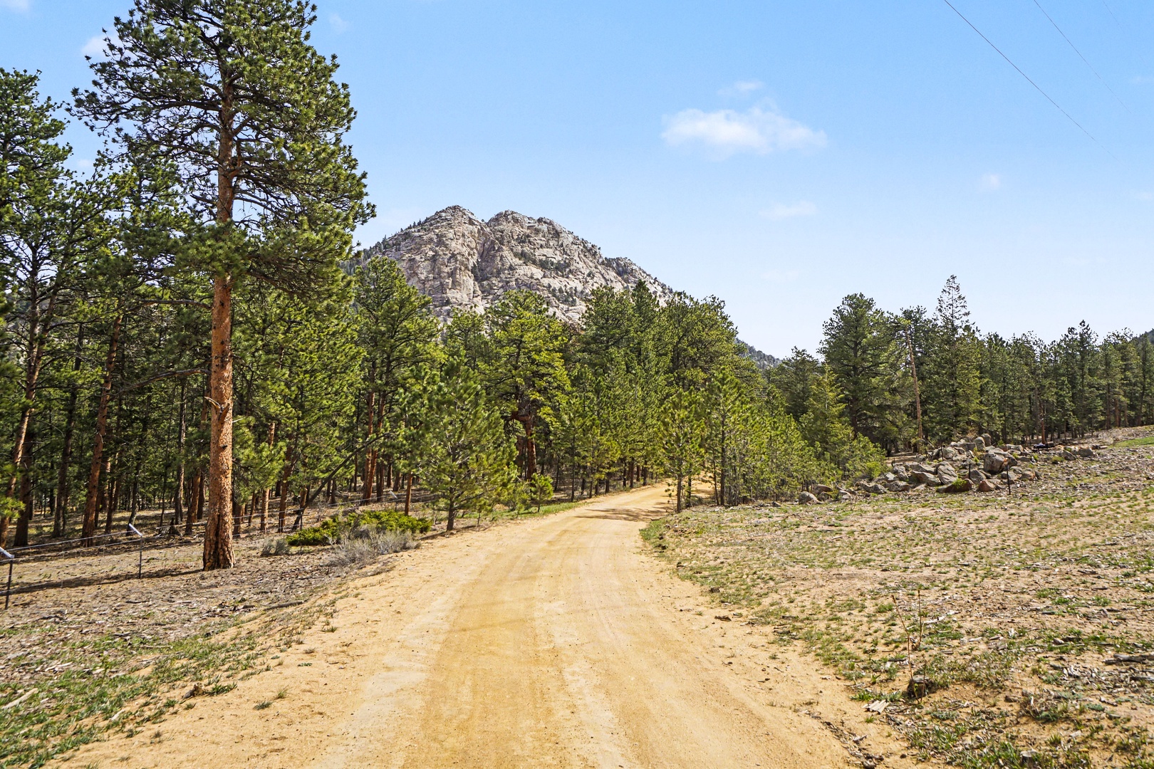 Scenic mountain road winds through pine forests toward dramatic rocky peaks in this peaceful natural setting.