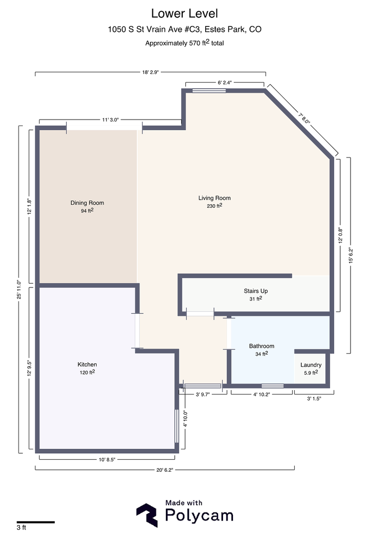 Lower level floor plan showcases open living areas, full kitchen, and convenient laundry facilities for your comfort.