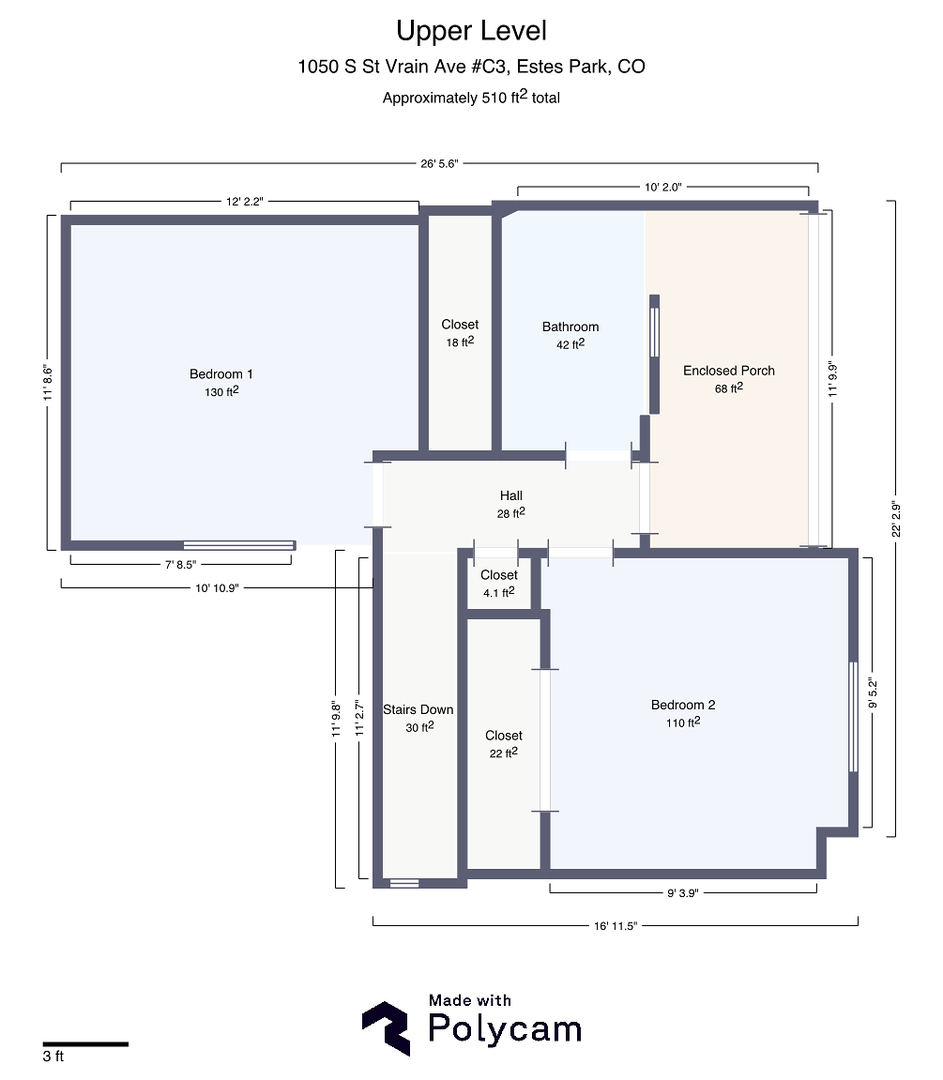 Study the upper level layout featuring two spacious bedrooms, a full bathroom, enclosed porch, and ample closet storage.