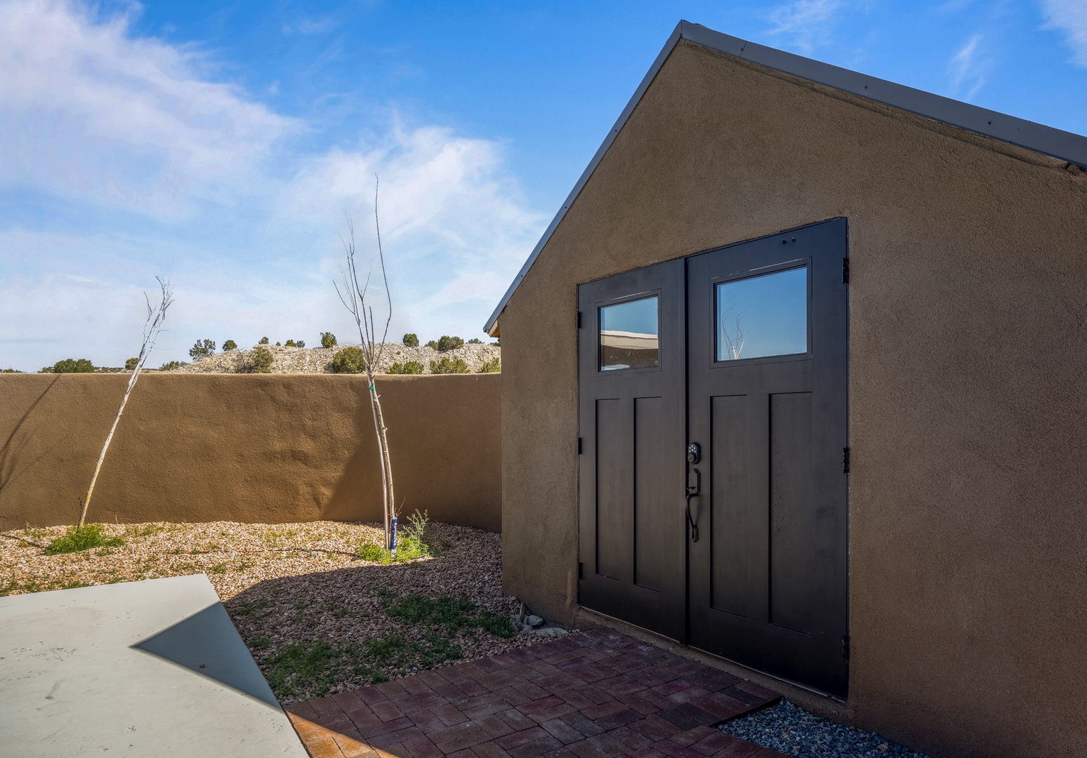 Modern property entrance features contemporary double doors with sleek hardware and desert-appropriate landscaping in a peaceful residential setting.