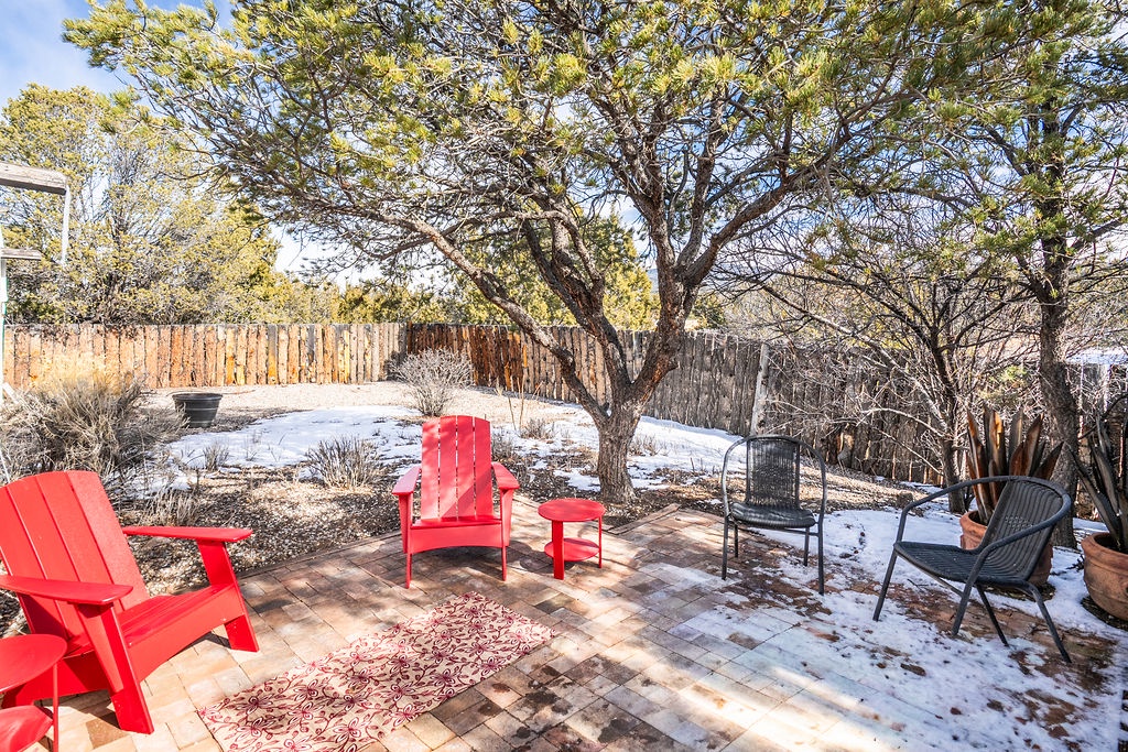Winter backyard patio with colorful seating arranged around a mature tree and wooden fencing.