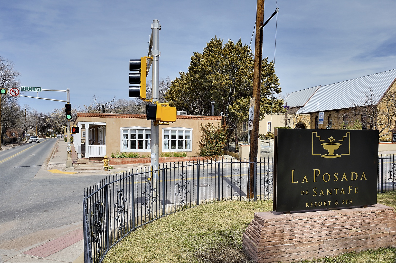 La Posada de Santa Fe Resort & Spa entrance sign marks your arrival at this historic luxury destination.