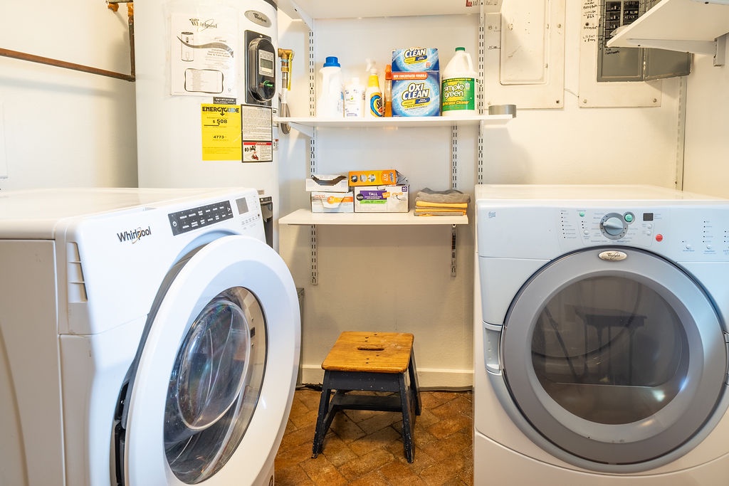 Your dedicated laundry room makes extended stays effortless with full-size washer and dryer, plus thoughtfully stocked shelves with cleaning supplies.