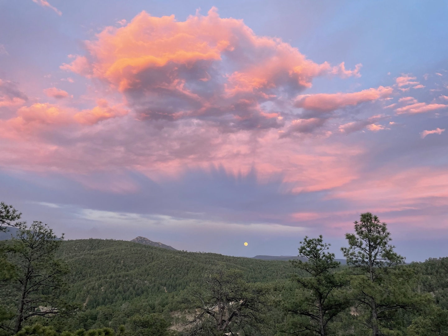 A serene mountain landscape bathed in soft pink and purple hues as the day transitions to evening, with the moon glowing gently above forested hills and scattered pines.