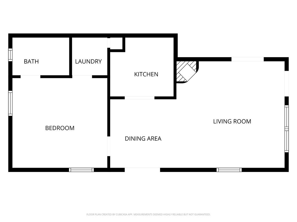 Property layout shows bedroom, full kitchen, living room, dining area, bath, and washer and dryer.