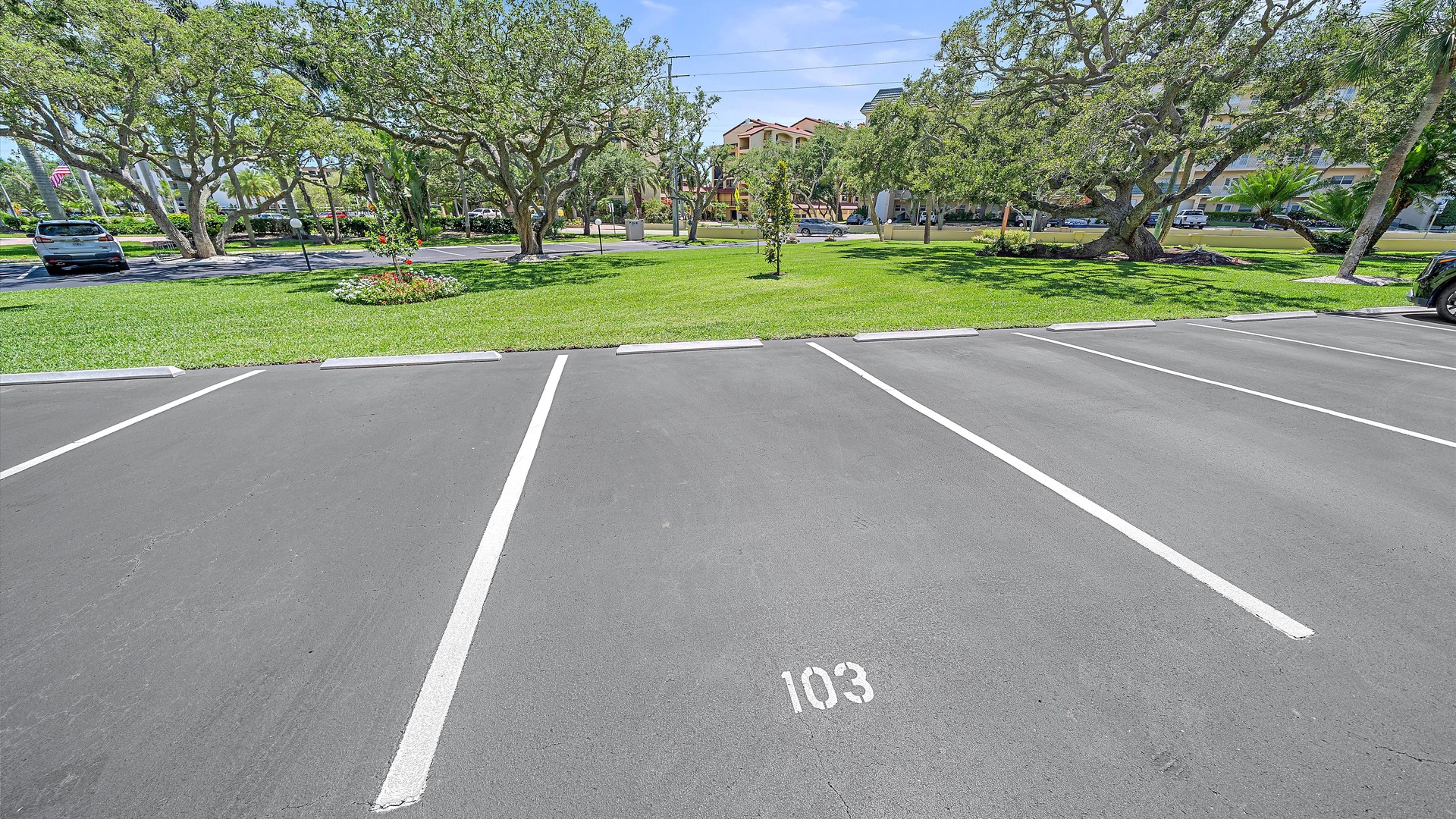 Dedicated parking space 103 is conveniently located in a well-maintained, tree-shaded lot steps from the property entrance, with easy access to surrounding neighborhood amenities.