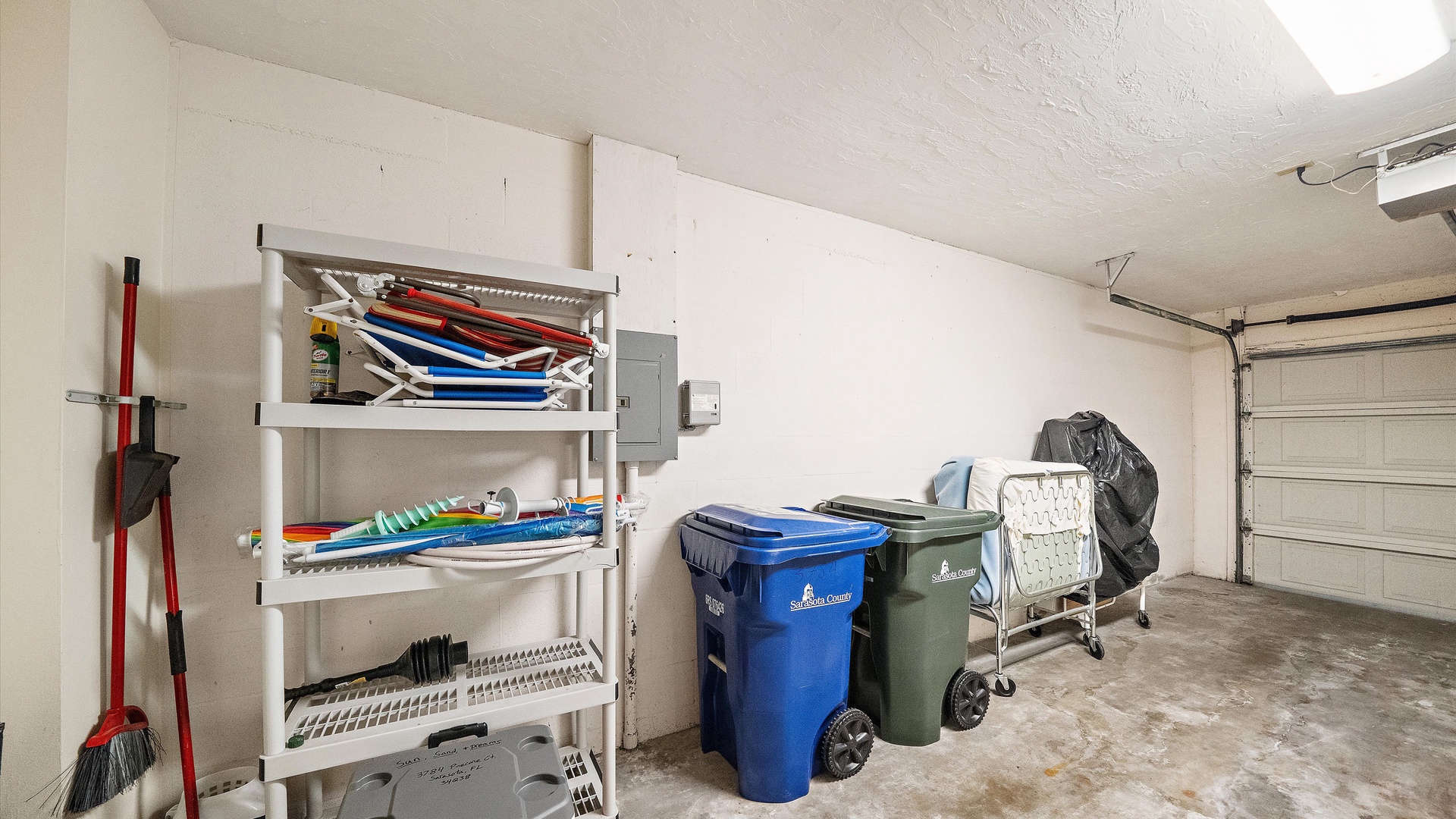 This garage includes organized shelving for your belongings and convenient storage for all your vacation essentials.