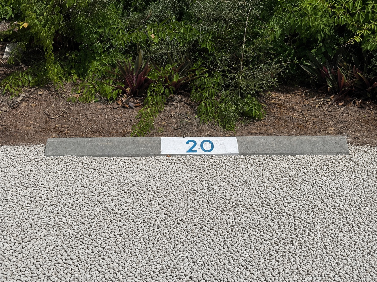 The property is located at address 20, marked clearly at the entrance with lush tropical landscaping and decorative purple plants creating an inviting arrival experience.