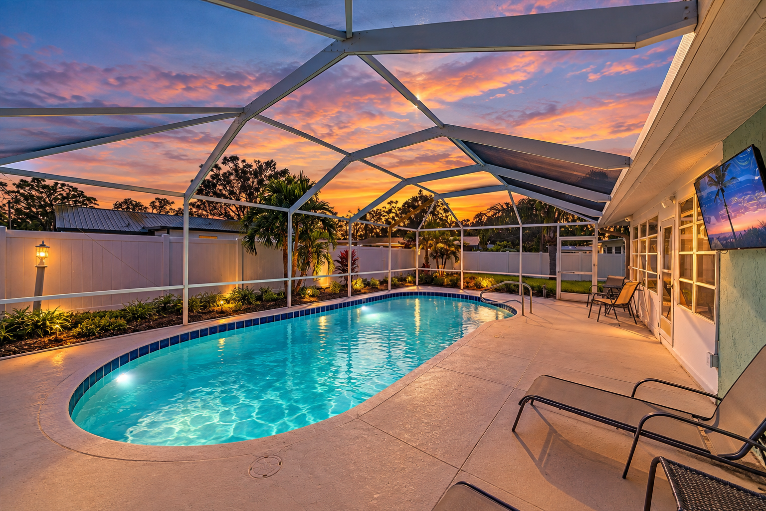 Enjoy gorgeous Florida sunset views from the private screen-in heated pool in your backyard oasis.