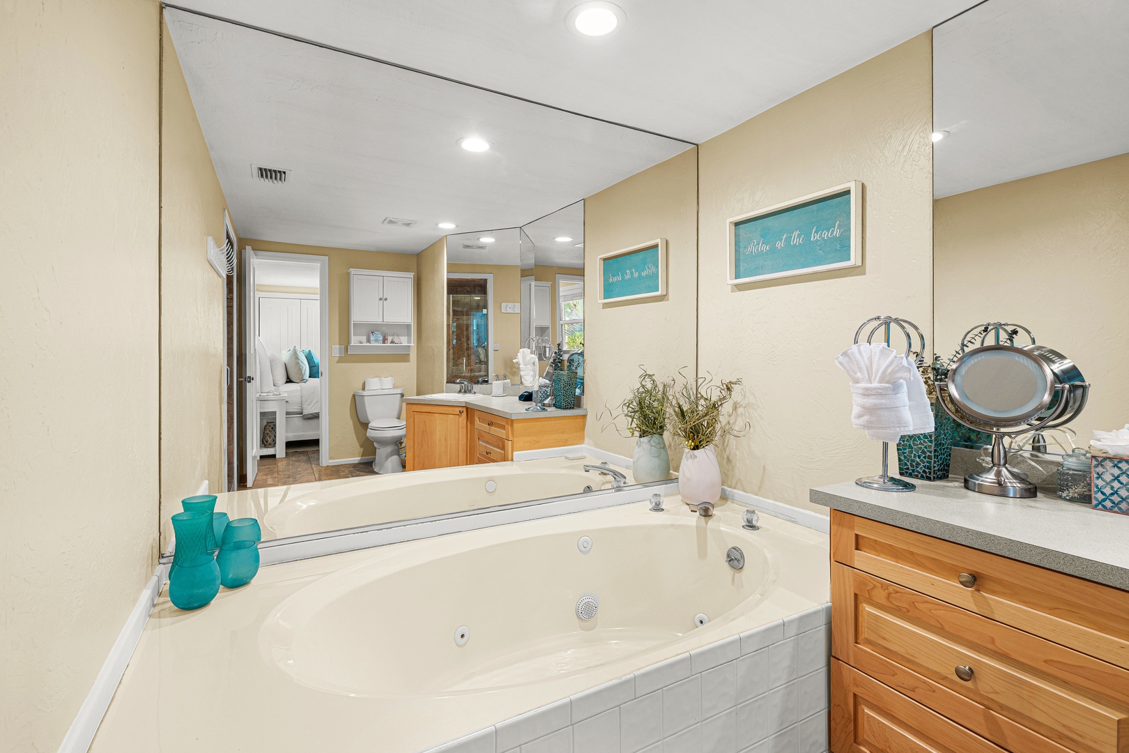 Unwind in your private spa-like bathroom with a spacious jetted tub, perfect for soaking away the day's adventures in complete relaxation.