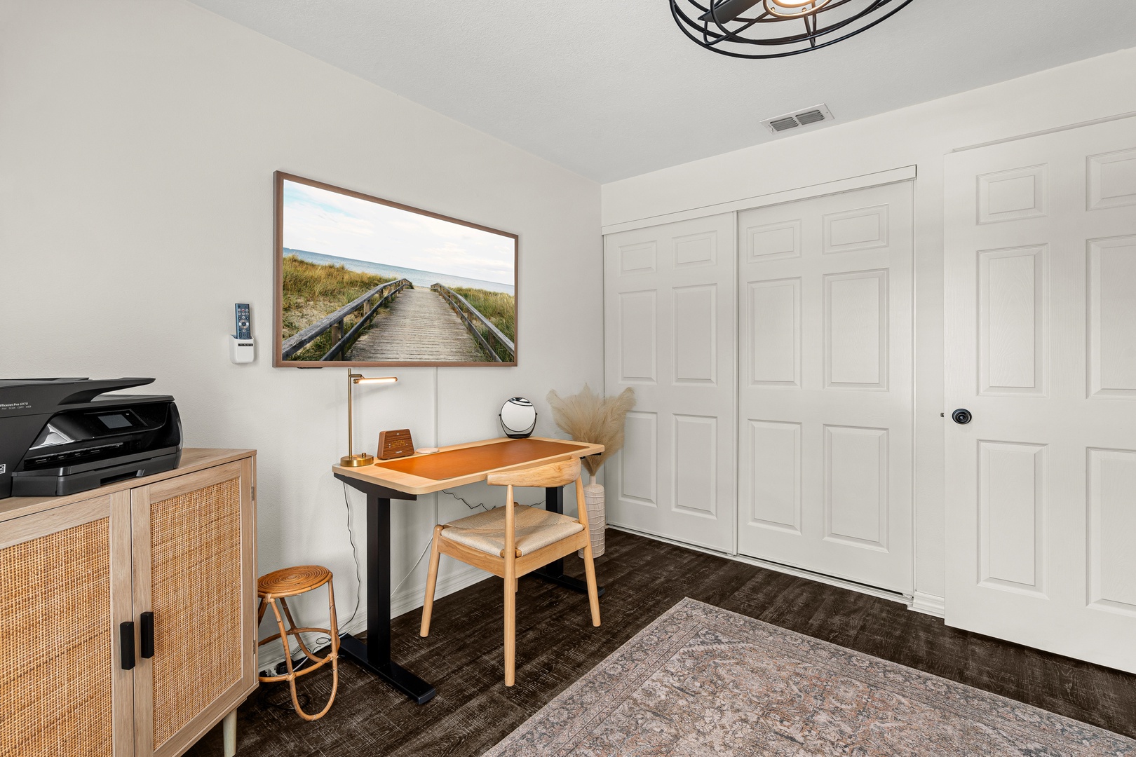 Step into your peaceful workspace where natural textures and coastal inspiration create the perfect spot to unwind, check emails, or plan your next beach adventure.
