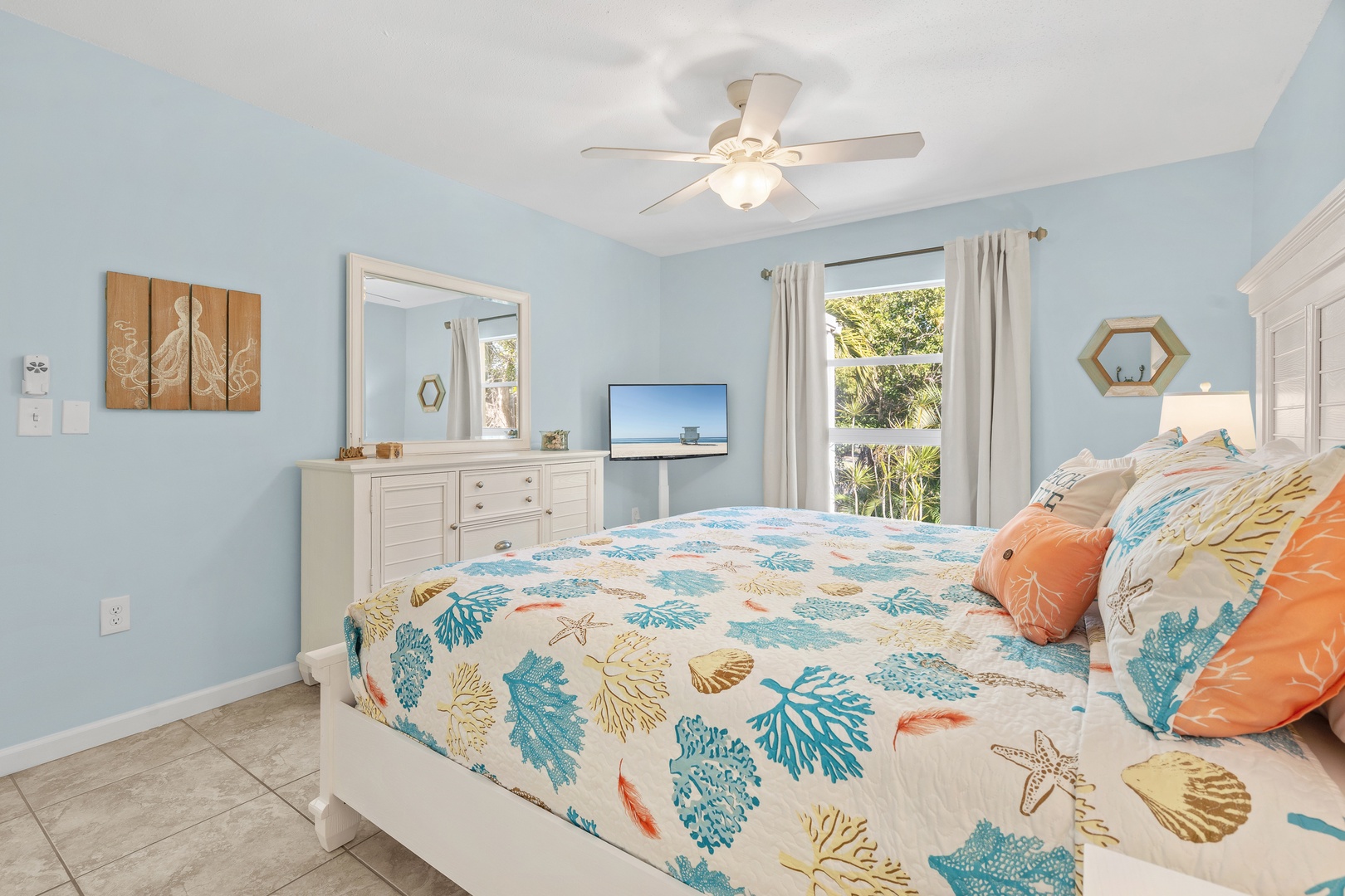 Primary bedroom with King bed and Smart TV for streaming or a movie night.