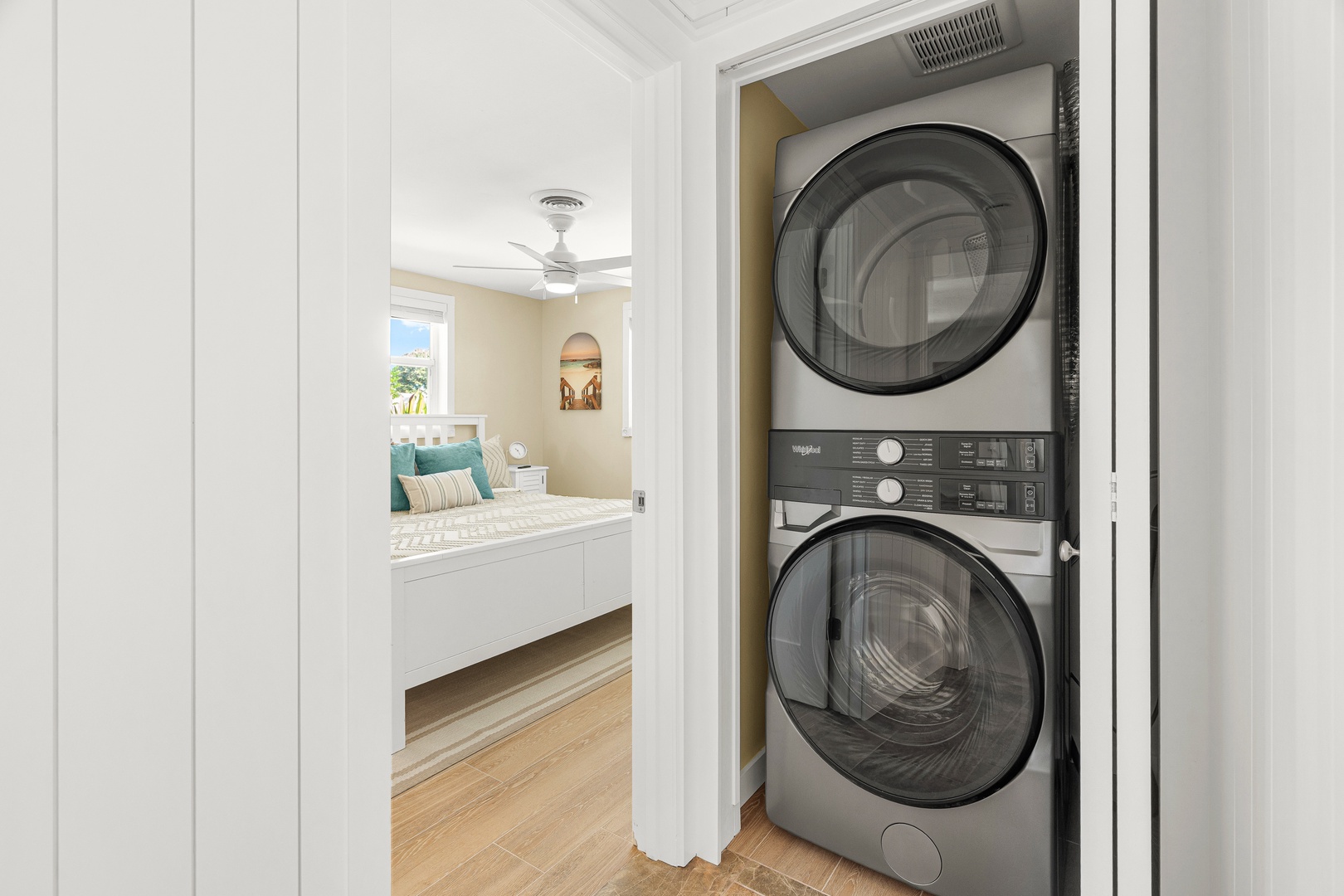 Your in-unit washer and dryer tucked neatly in a closet make laundry day effortless, keeping your stay comfortable and hassle-free.