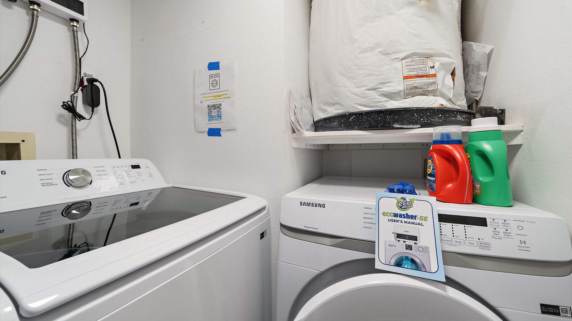 Your laundry stays easy with a full-size washer and dryer right here, plus detergent already stocked for your convenience.