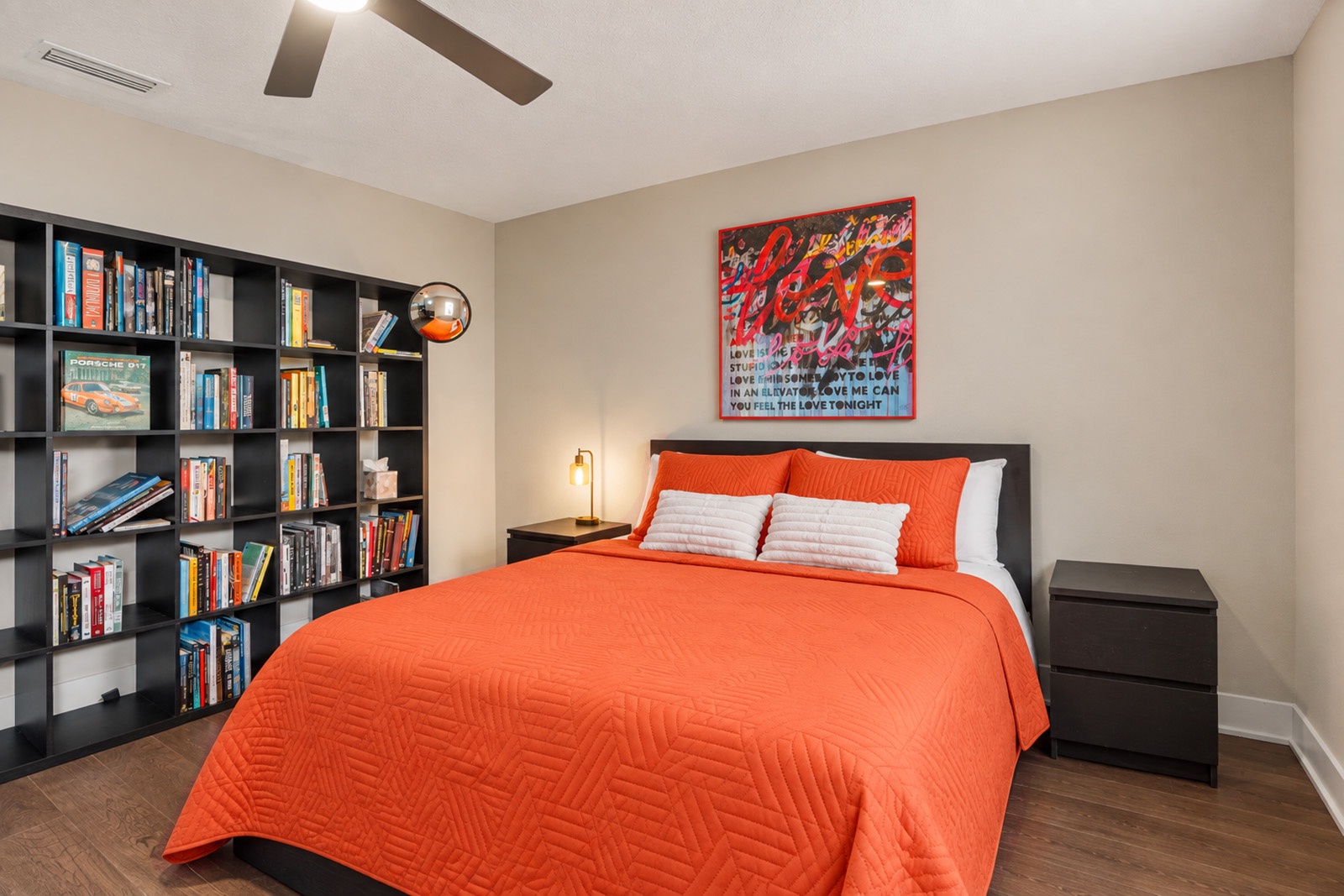 Unwind in your vibrant bedroom with hotel style linens and cozy queen bed. Bedroom includes a Smart TV, desk and gaming area.
