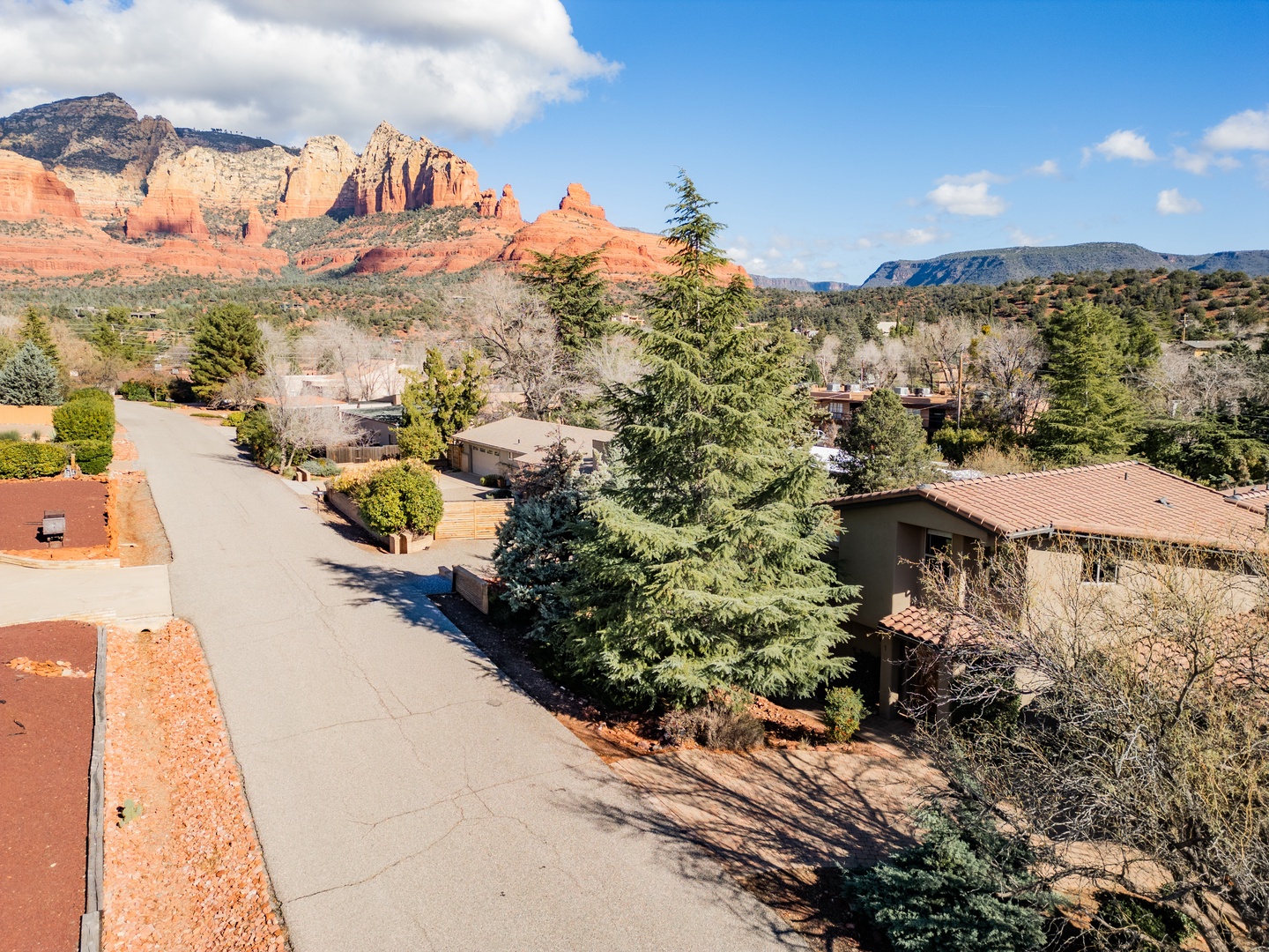Stunning Sedona red rock formations create a dramatic backdrop for this peaceful residential neighborhood.
