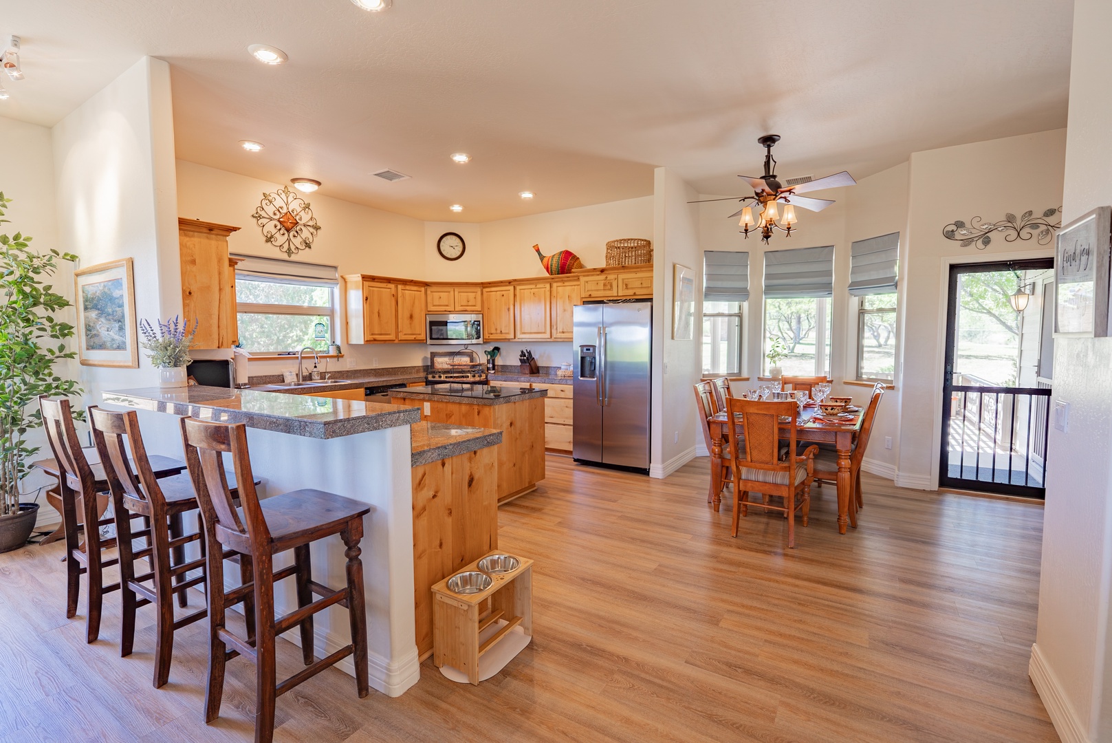 Open kitchen flows into the dining area