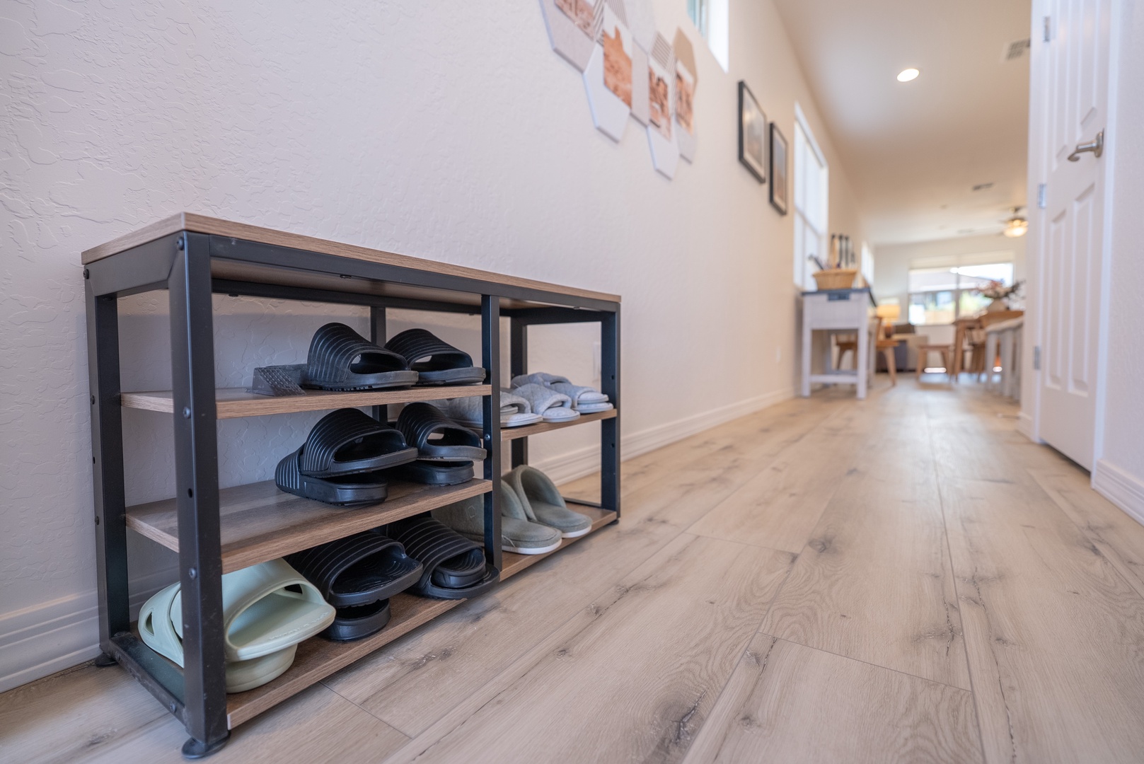 Thoughtful shoe storage and slippers to borrow