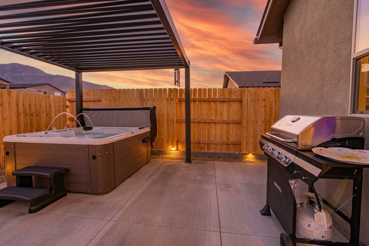 Unwind after a long day in the hot tub by the grill and seating area