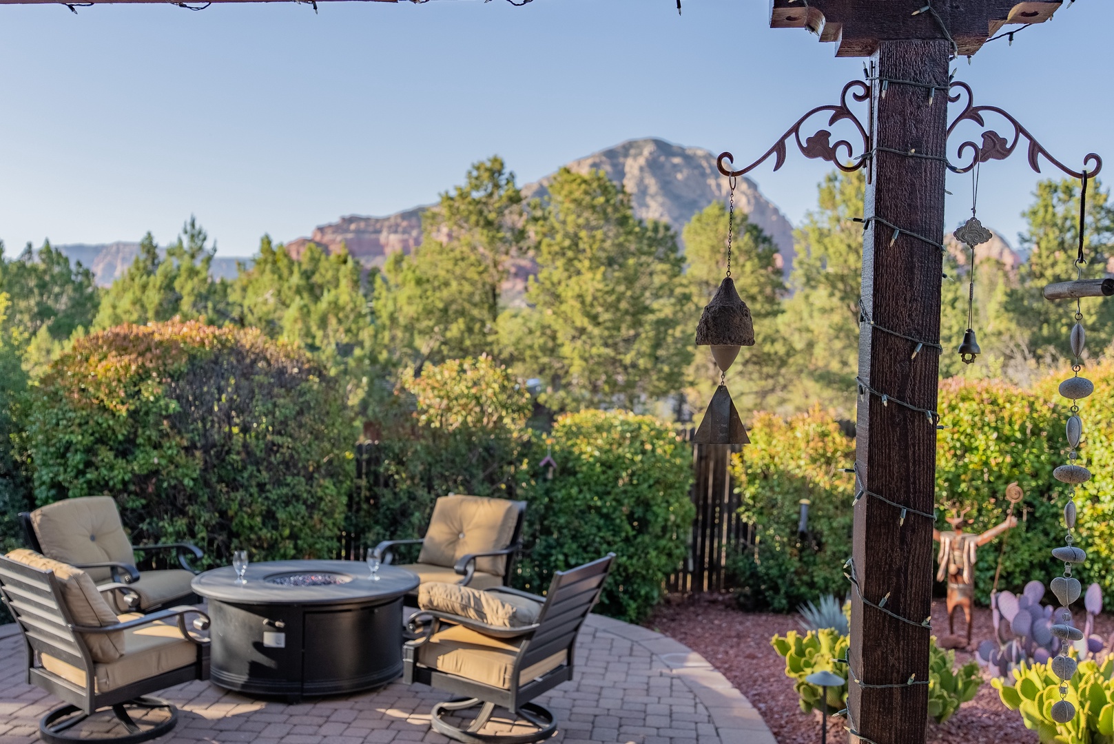 Scenic mountain views frame this inviting outdoor retreat