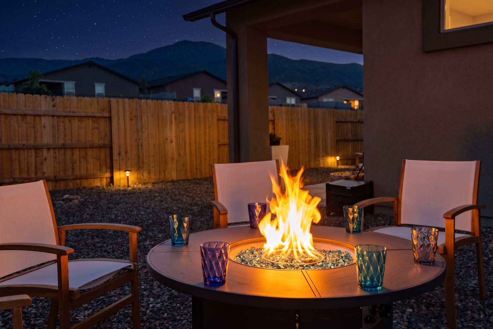 Private fire pit under a starlit sky, for your perfect evening outdoors.