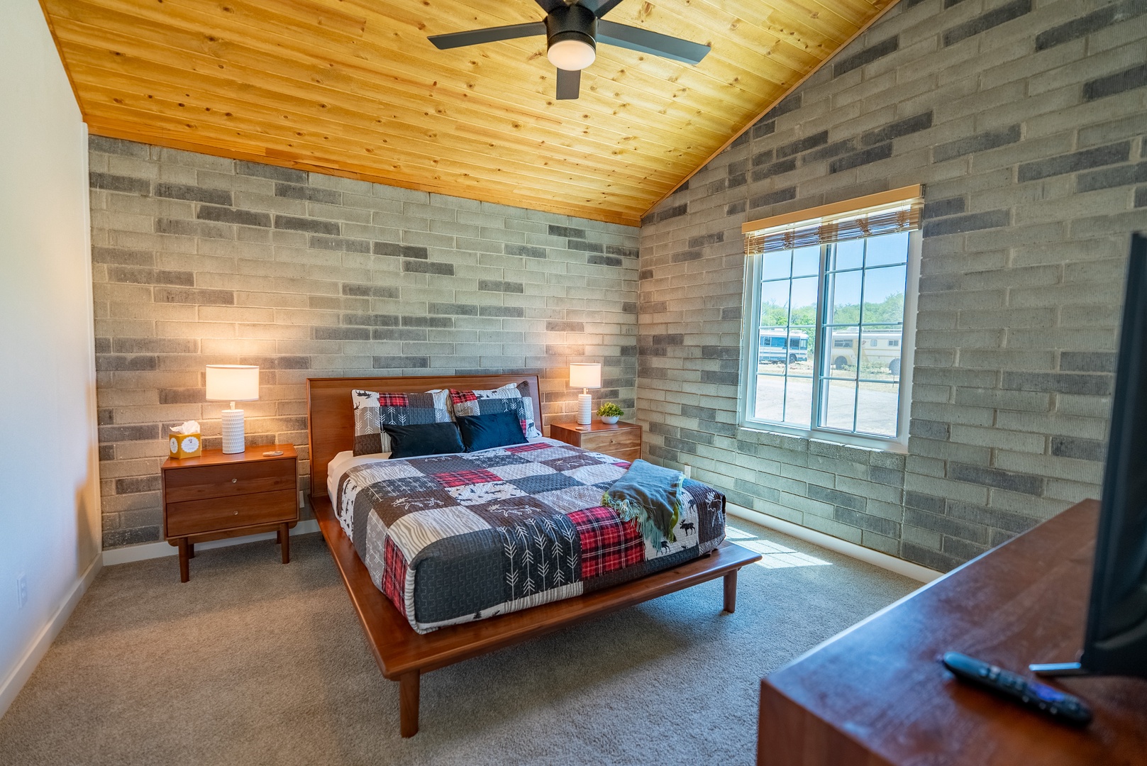 Primary bedroom features queen bed, television and peaceful views