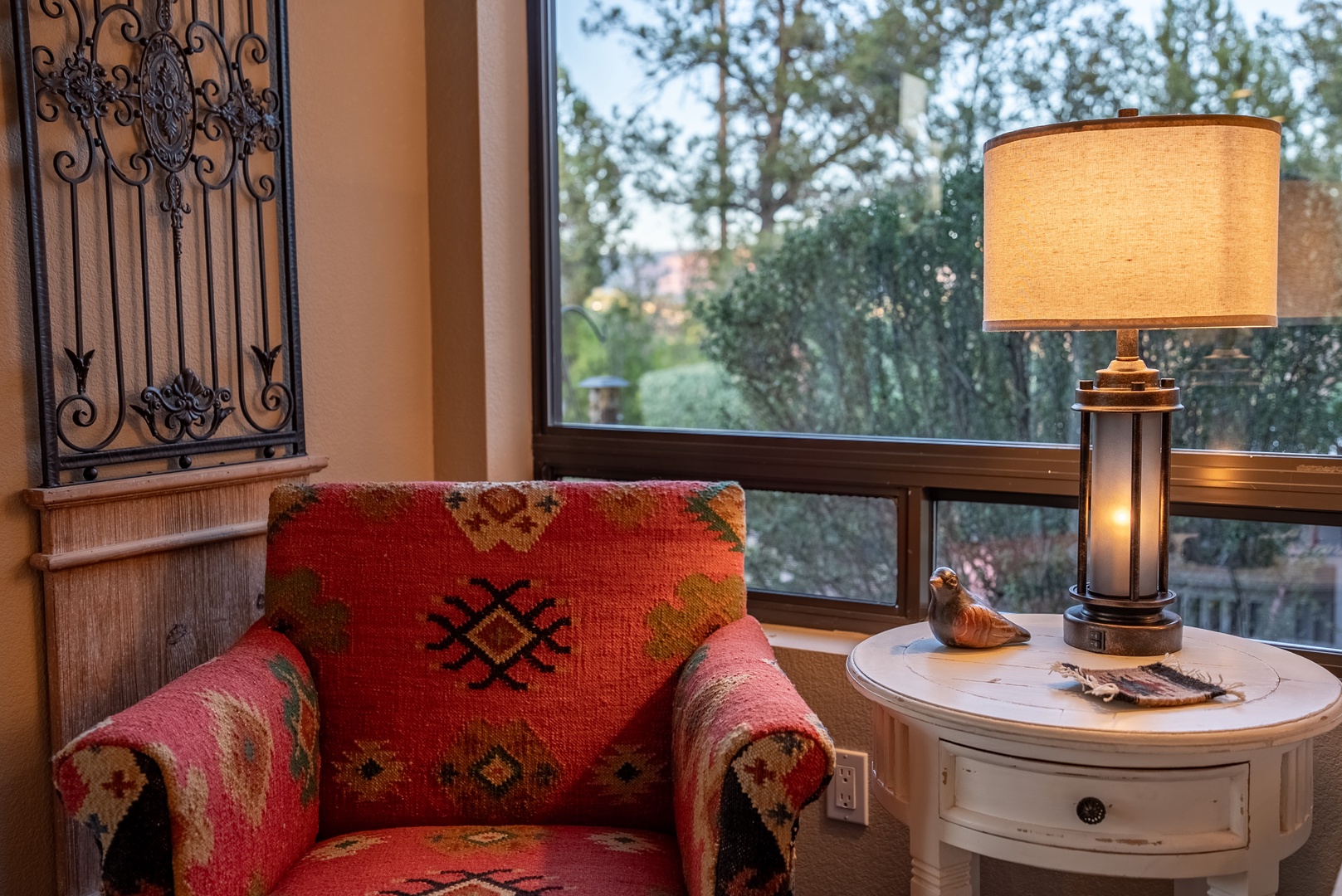 Settle into this cozy reading chair one of several places to unwind.