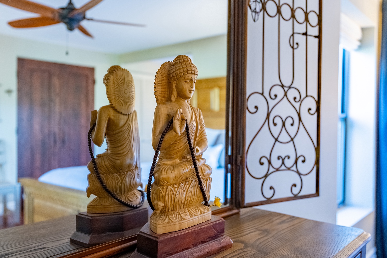 Your peaceful retreat features serene sculptures where comfort meets tranquility