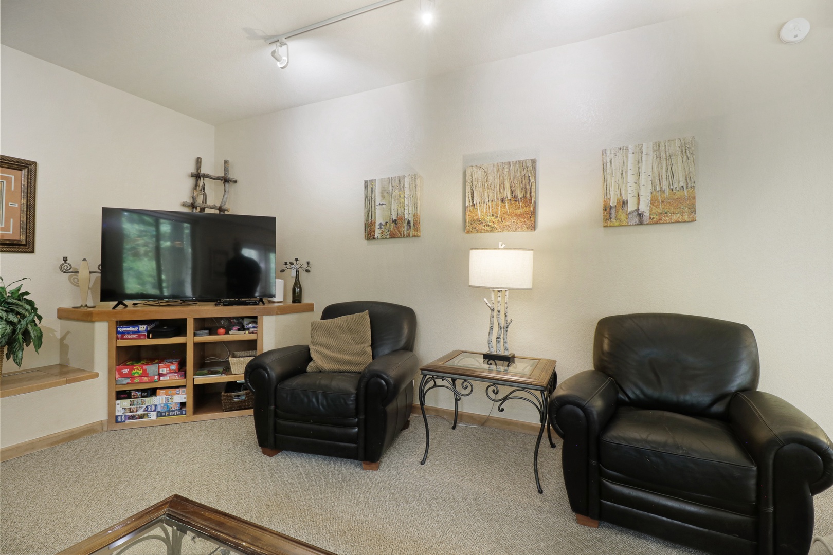 Relax in your bright, comfortable living room with plush leather seating, track lighting, and modern entertainment setup. Stocked with games and thoughtful touches, it's the perfect space to unwind after a day of adventure.