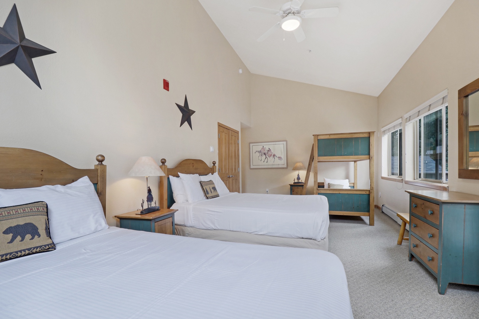 Sink into these plush beds after a day of adventure. The vaulted ceiling and charming western touches create a cozy retreat for restful nights.