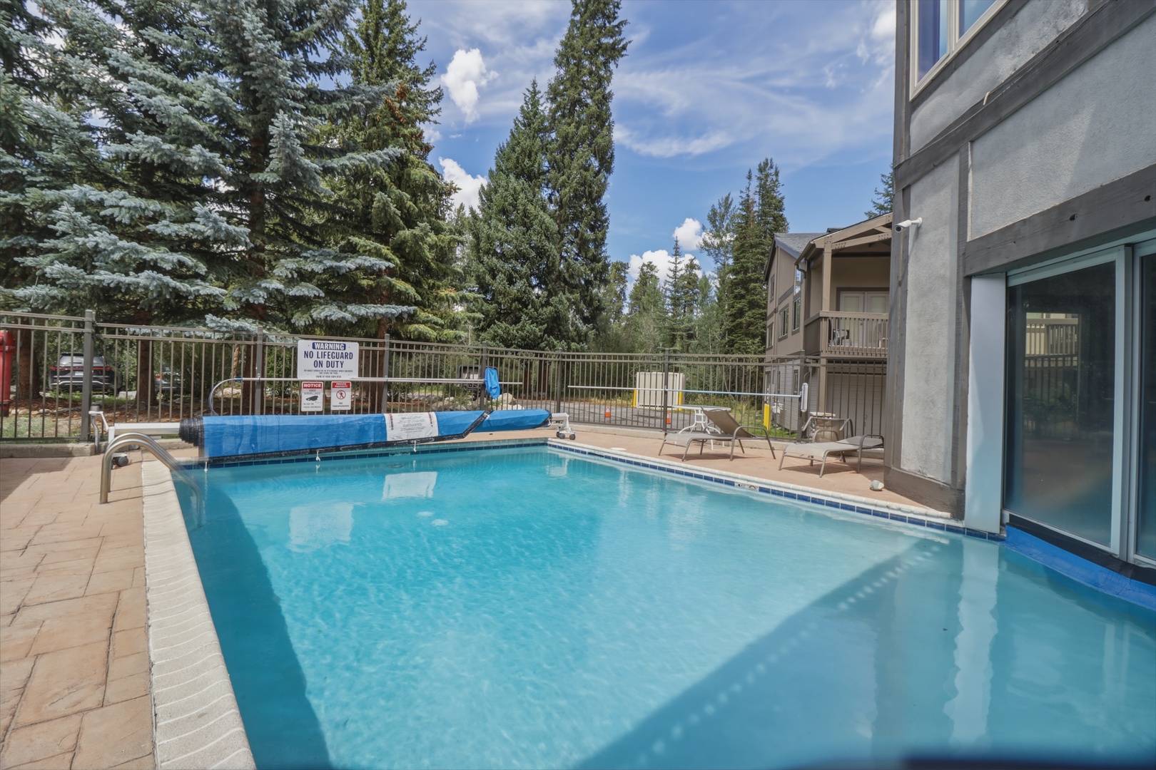The outdoor pool sits surrounded by towering pines and mountain views—a peaceful spot to cool off after a day exploring the area.